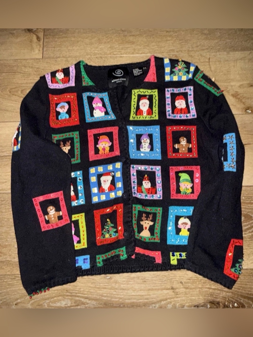 Michael Simon Christmas Cardigan Black P/S  Beaded Window Applique 2001 Y2K